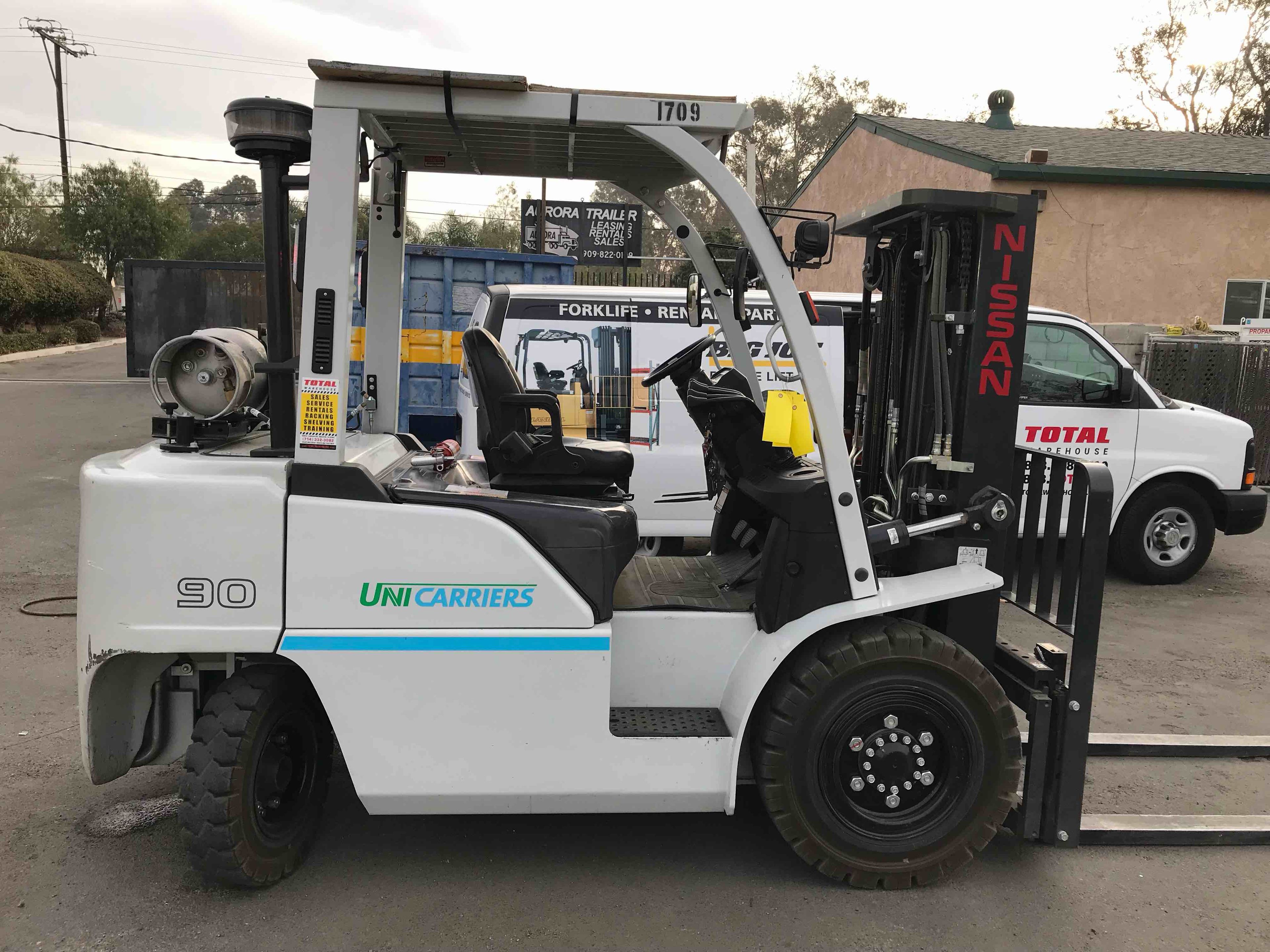 NISSAN PF90YLP LPG Pneumatic forklift, 9000 capacity, 169 lift height. Serial J1F4-981709, Year 2020.