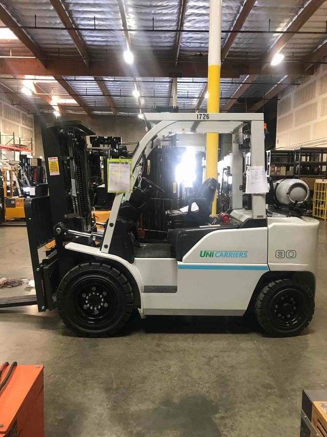 NISSAN PF80YLP LPG Pneumatic forklift, 8000 capacity, 187 lift height. Serial J1F4-981726, Year 2020.