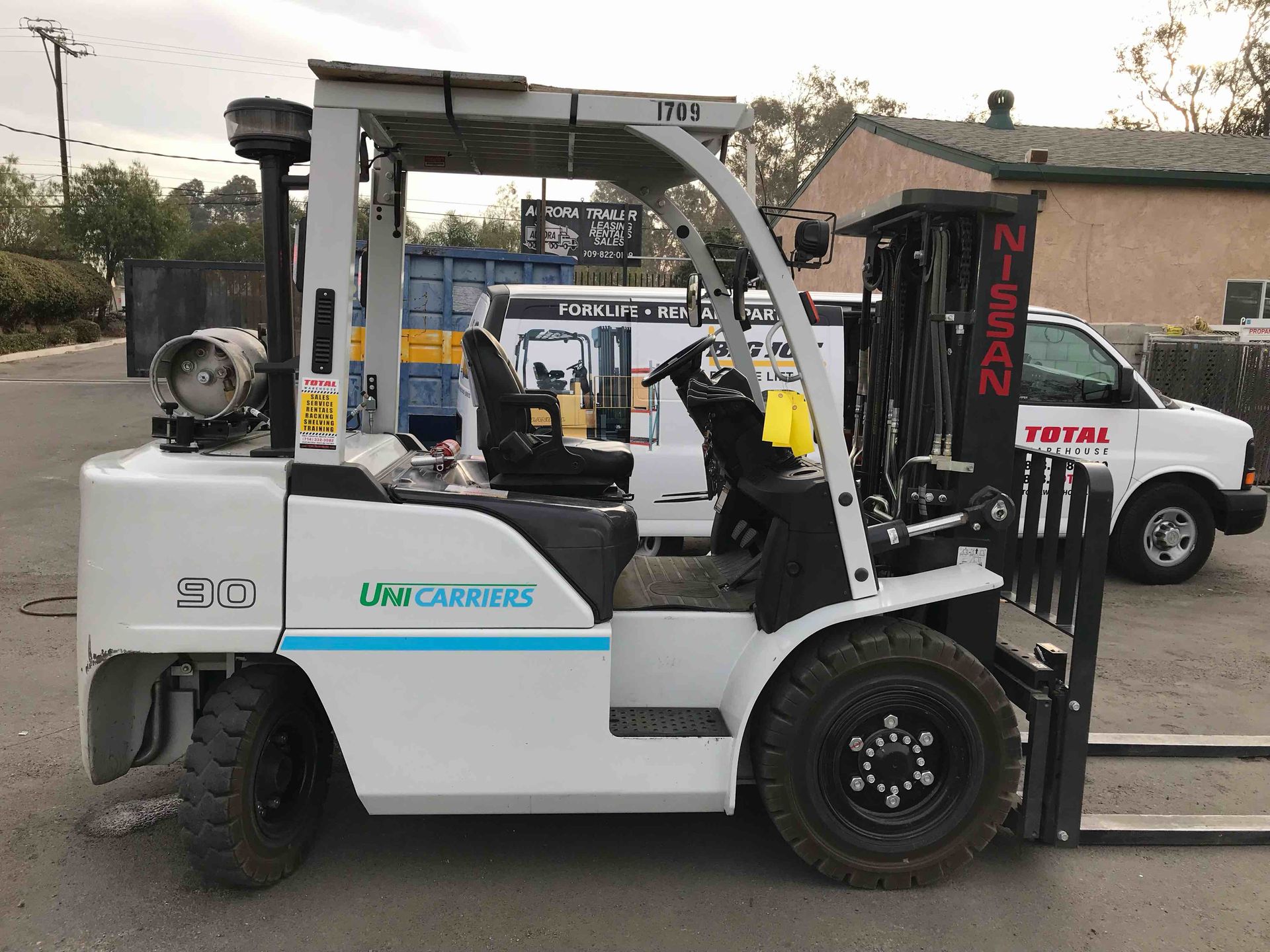 NISSAN PF90YLP LPG Pneumatic forklift, 9000 capacity, 169 lift height. Serial J1F4-981709, Year 2017.