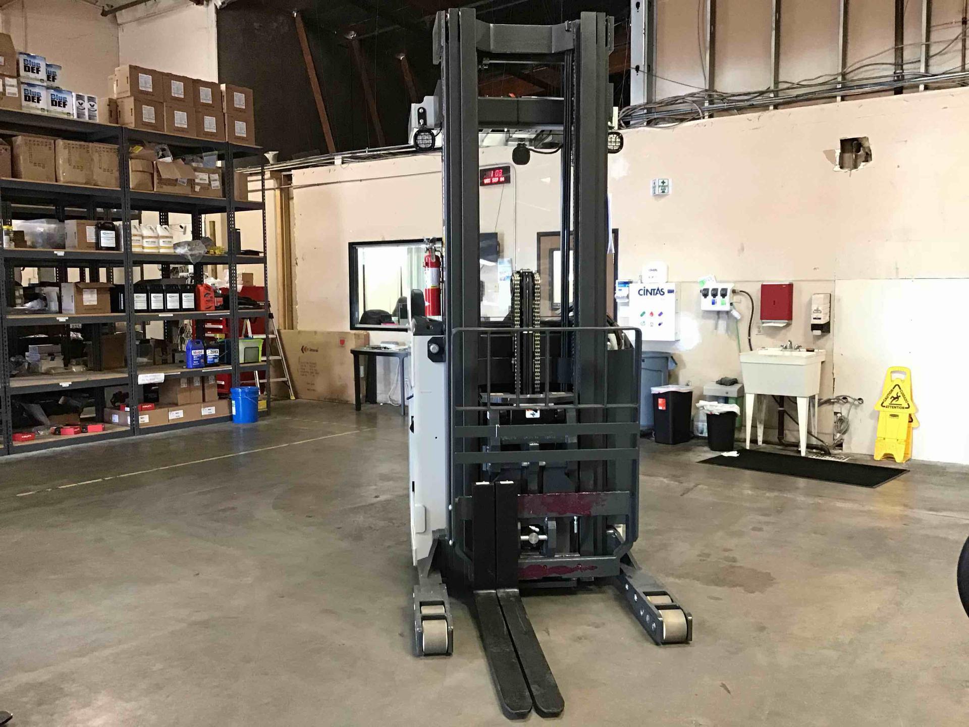 NISSAN SRX35N Stand Up Reach forklift, 3500 capacity, 240 lift height. Serial SM1H2-9Y1397, Year 2019.