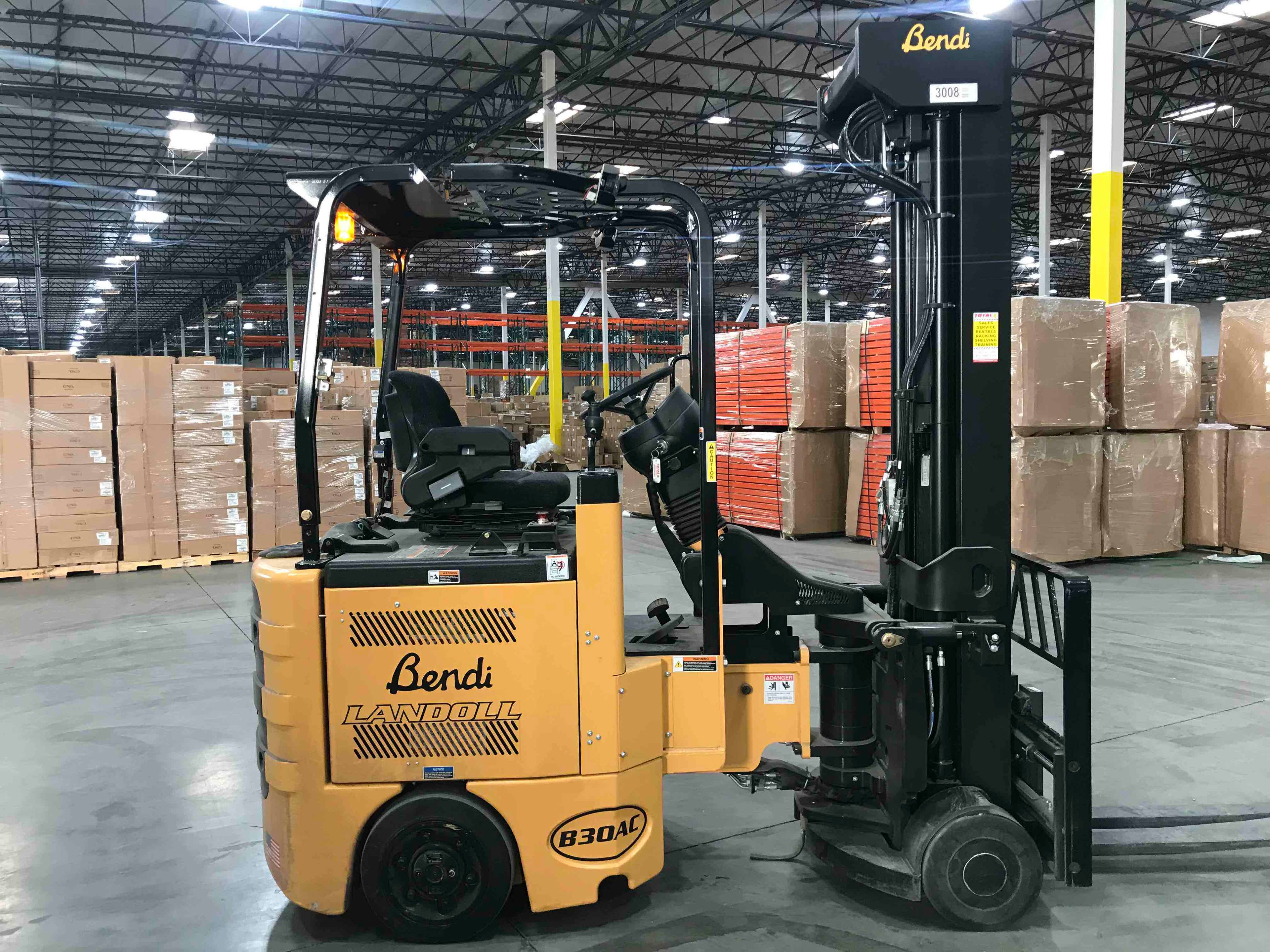 BENDI B30AC VNA forklift, 3000 capacity, 312 lift height. Serial 2103B-13008, Year 2021.