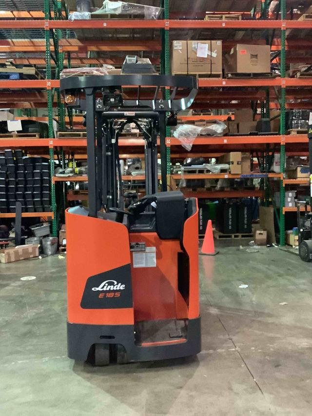 LINDE E18S_1346-20 Electric Stand Up Counterbalance forklift, 3500 capacity, 196 lift height. Serial A11346Y00185, Year 2021.