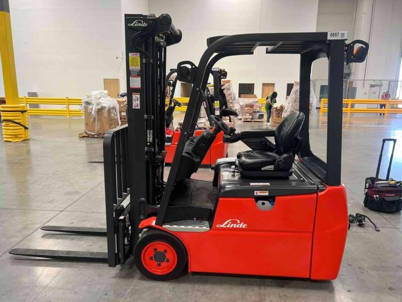 Main Image Used 2023 LINDE E18_346-20 Forklift – Electric Sit Down 3 Wheel, 3500 lb Capacity, 87” Mast, 498 Hours – $39909.00 – Anaheim – View 1