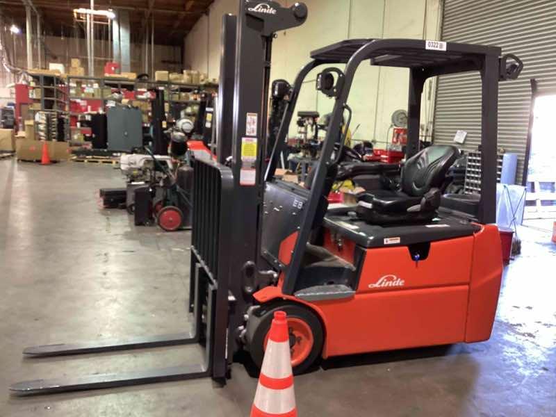 Main Image Used 2022 LINDE E18_346-20 Forklift – Electric Sit Down 3 Wheel, 3500 lb Capacity, 87” Mast, 1466 Hours – $37000.00 – Anaheim – View 1