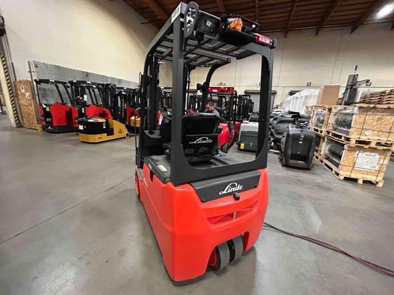 Main Image Used 2023 LINDE E18_346-20 Forklift – Electric Sit Down 3 Wheel, 3500 lb Capacity, 87” Mast, 696 Hours – $29500.00 – Anaheim – View 4
