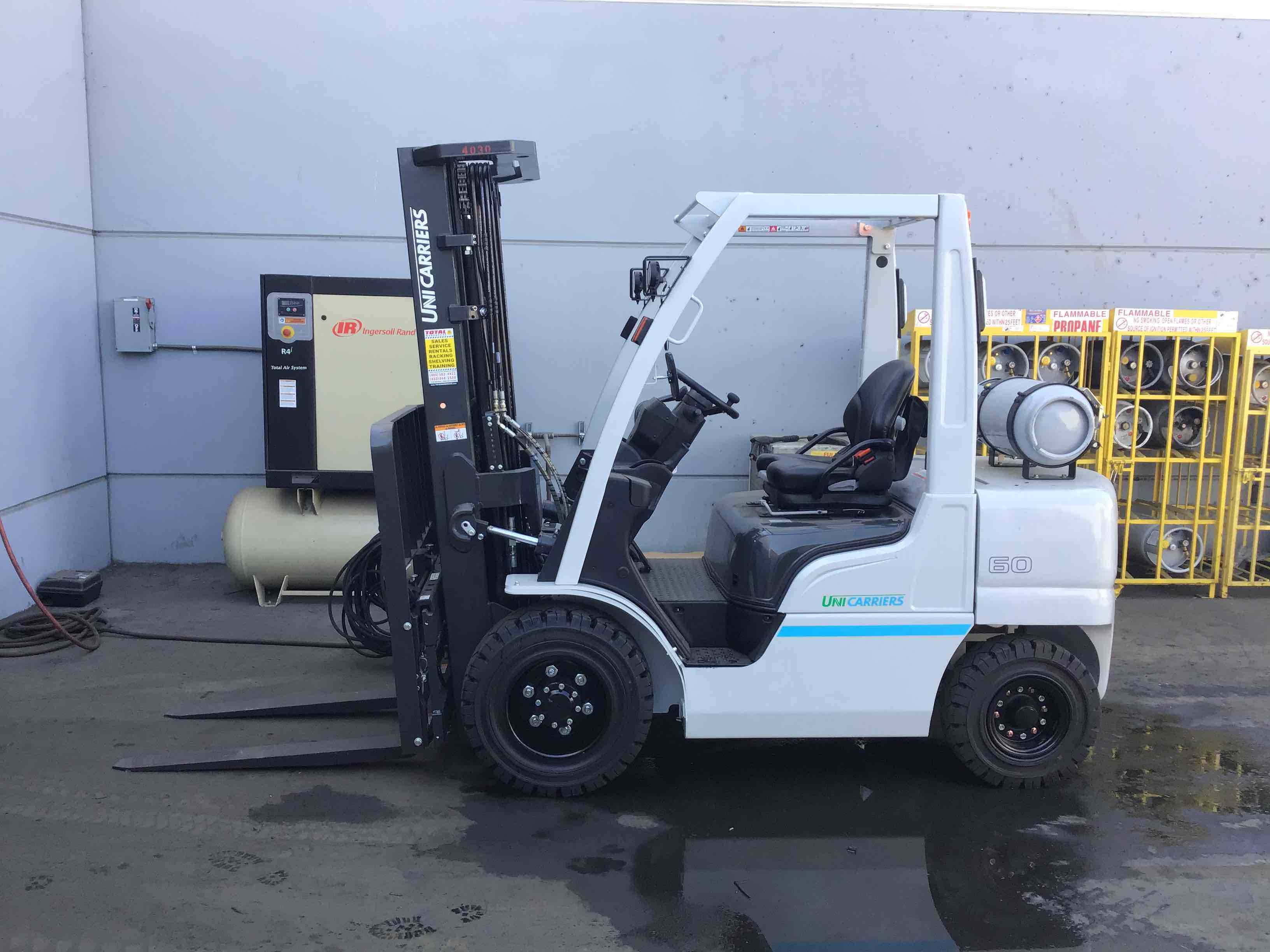NISSAN PF60LP LPG Pneumatic forklift, 6000 capacity, 185 lift height. Serial UG1F2-9L24030, Year 2020.