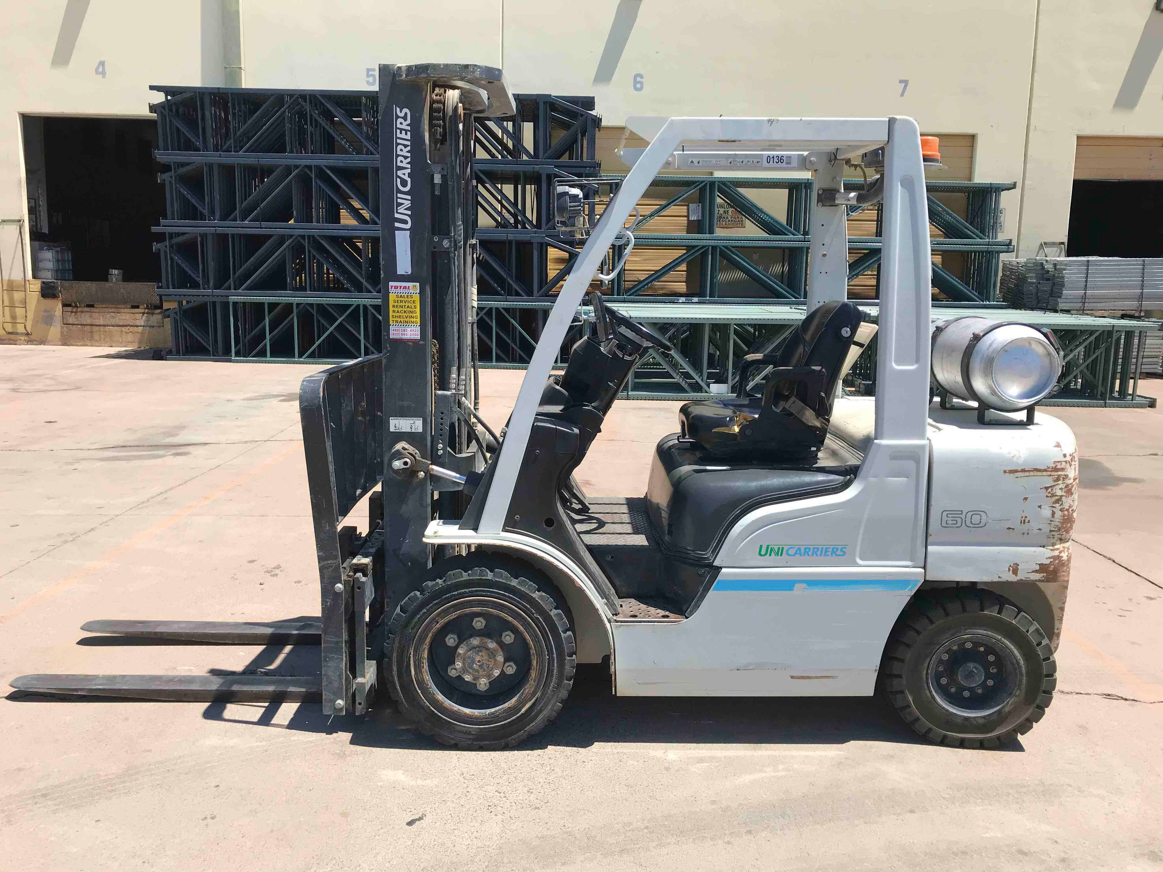 NISSAN PF60LP LPG Pneumatic forklift, 6000 capacity, 187 lift height. Serial UG1F2-9L20136, Year 2017.