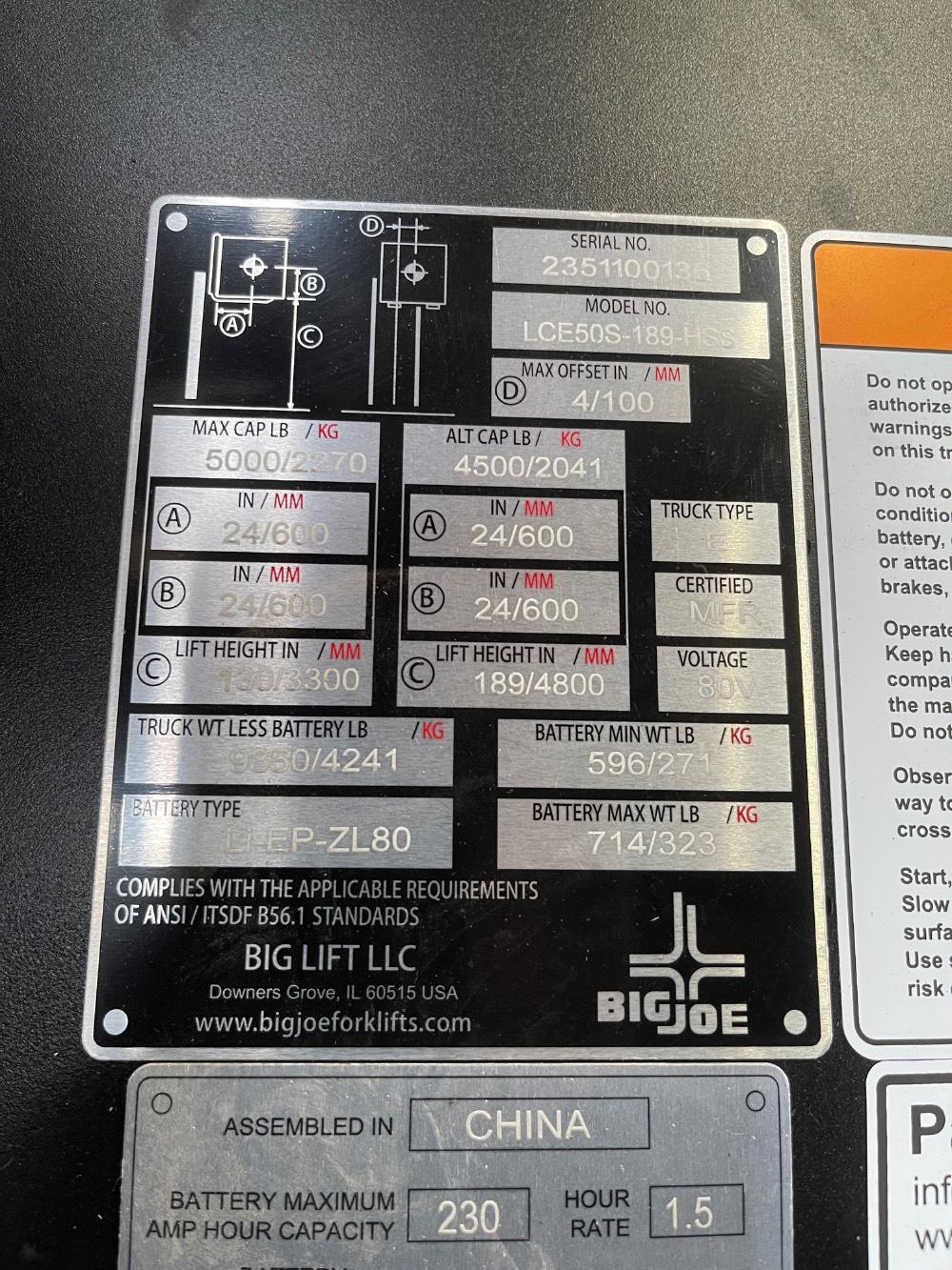 Main Image Big Joe LCE-S50_80V Electric Sit Down 4 Wheel, photo 4 of 5