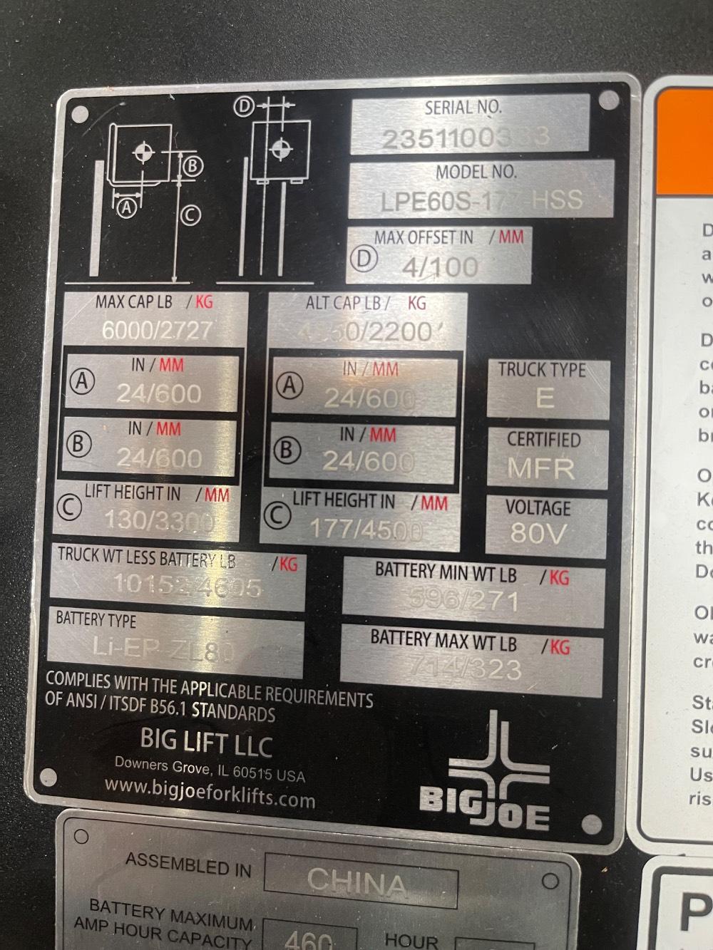 Main Image Big Joe LPE-S60_80VB Lithium Electric Pneumatic, photo 5 of 5